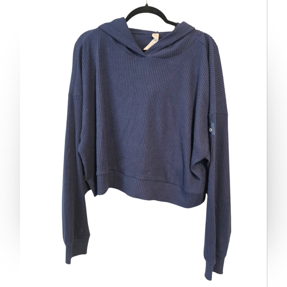 ALO Yoga Navy Blue Muse Hoodie Size Large Long Sleeve Ribbed Crop